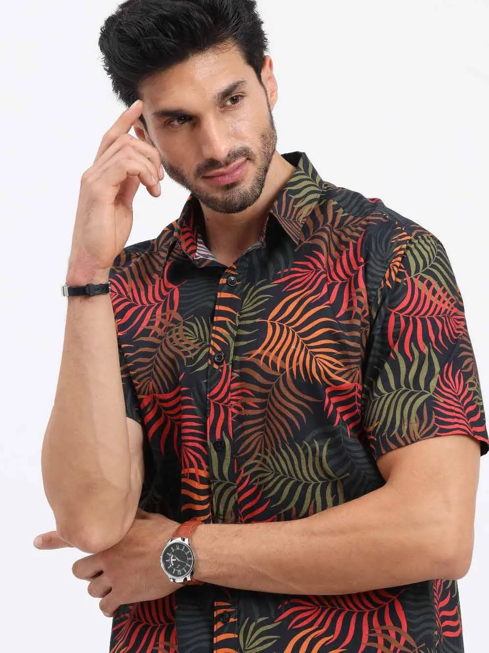 Palm Leaves Printed Cotton Half Sleeve Shirt