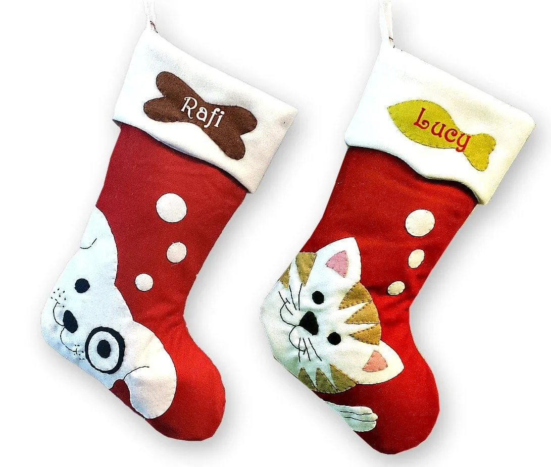 Pet Dog Christmas Stockings Cat Stocking Whimsical Monogrammed Personalized Holiday Modern Puppy Kitten Cute Dog Bone Fish Applique