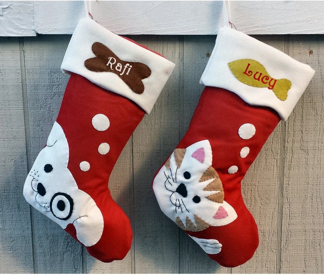 Pet Dog Christmas Stockings Cat Stocking Whimsical Monogrammed Personalized Holiday Modern Puppy Kitten Cute Dog Bone Fish Applique