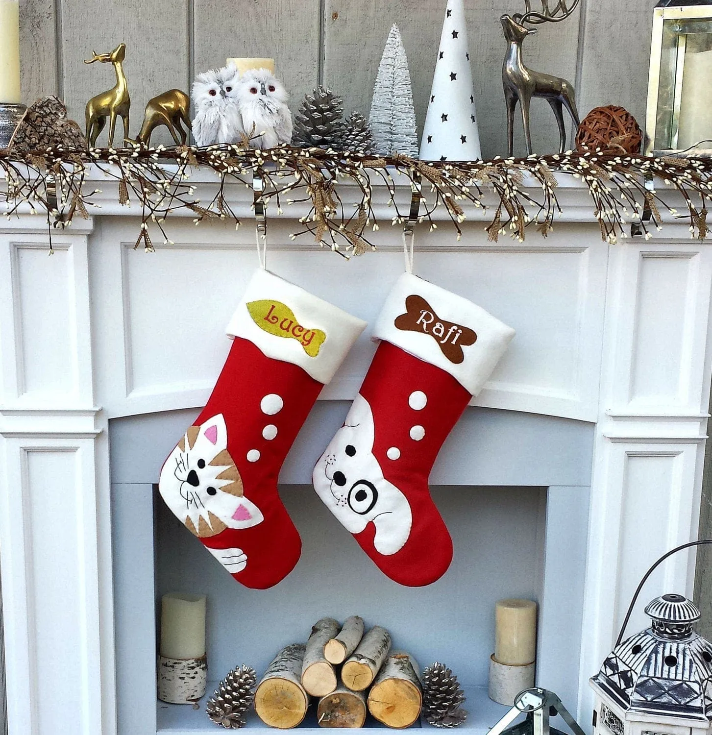 Pet Dog Christmas Stockings Cat Stocking Whimsical Monogrammed Personalized Holiday Modern Puppy Kitten Cute Dog Bone Fish Applique