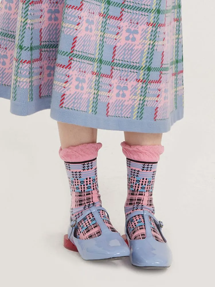 Pink and Black Deformed Plaid Socks【s0000002094】