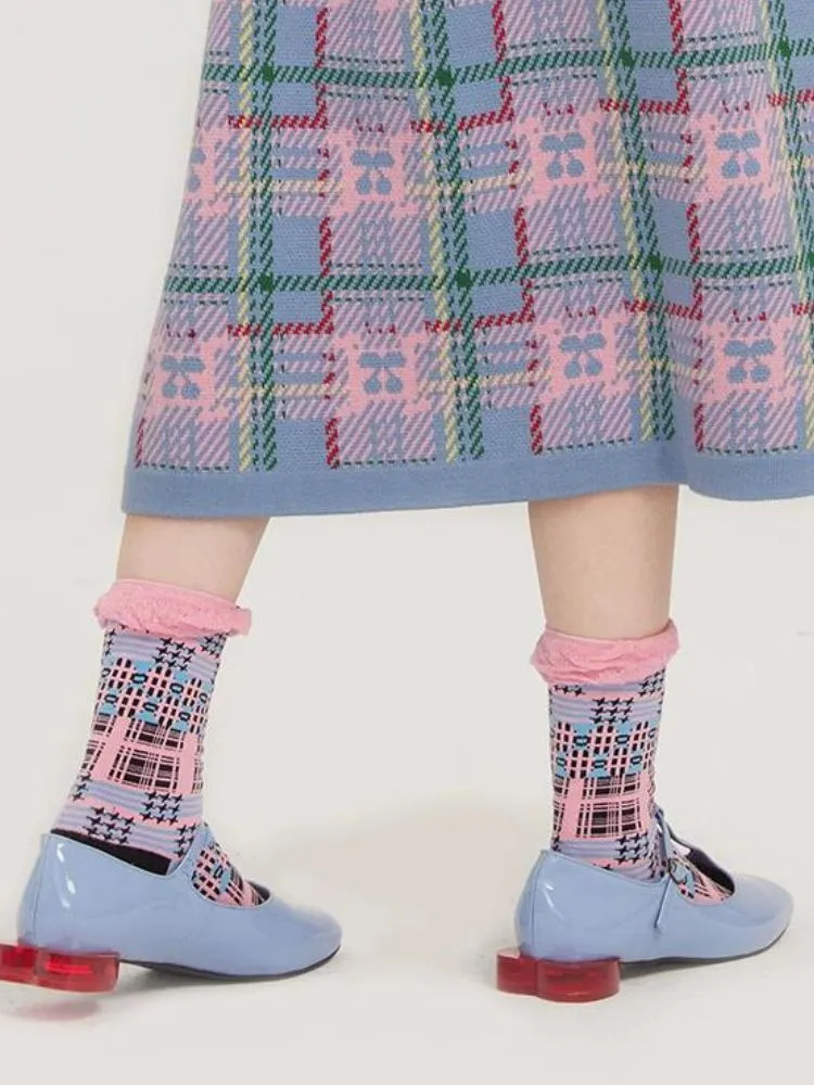 Pink and Black Deformed Plaid Socks【s0000002094】