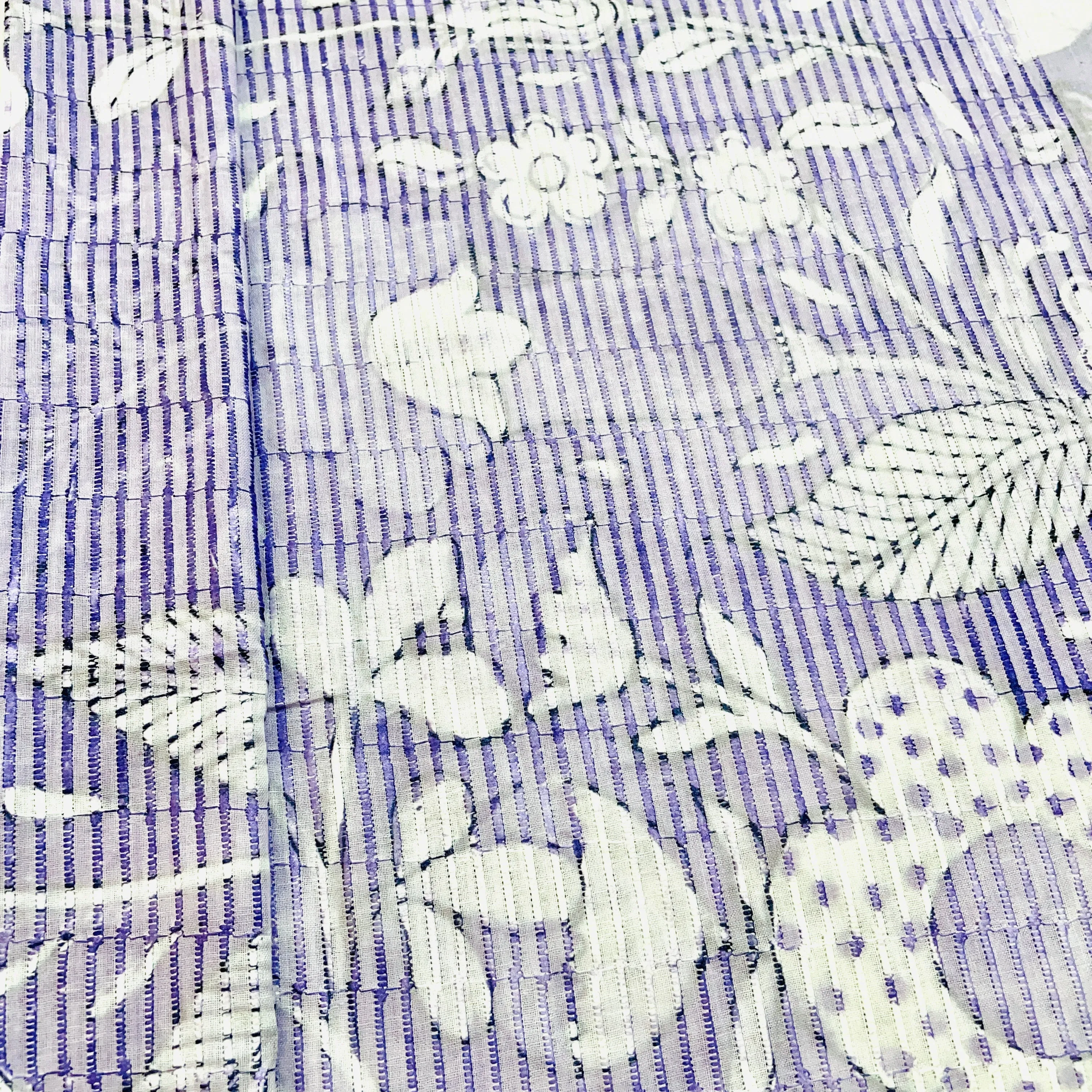 Purple White Digital Floral Print Embroidery Cotton Fabric