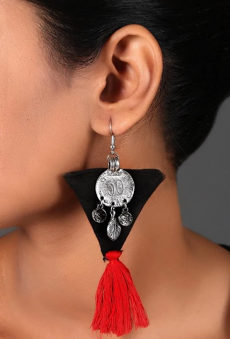 Red And Black Coin Tassel Earrings