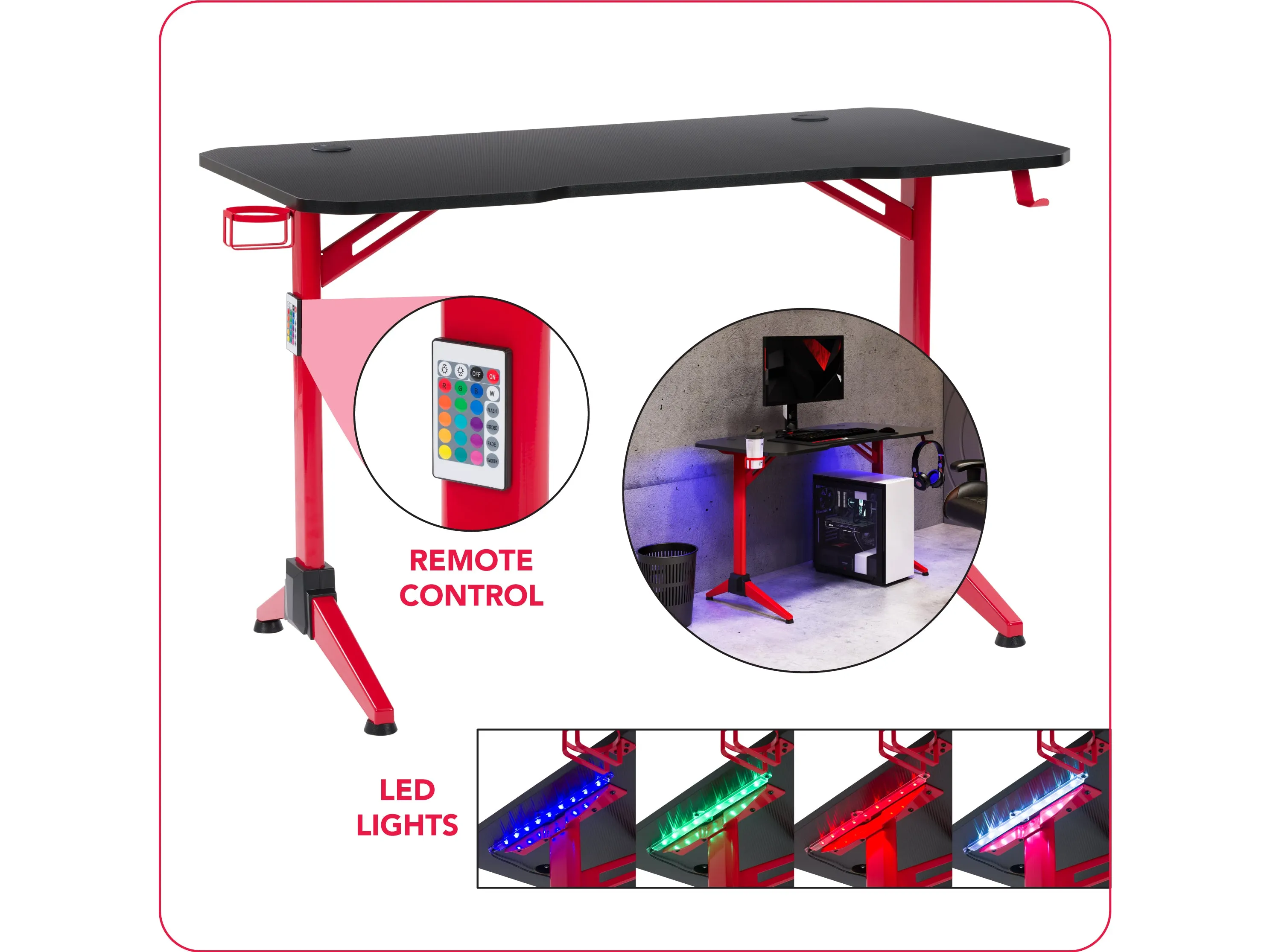 Red and Black Gaming Desk with LED Lights