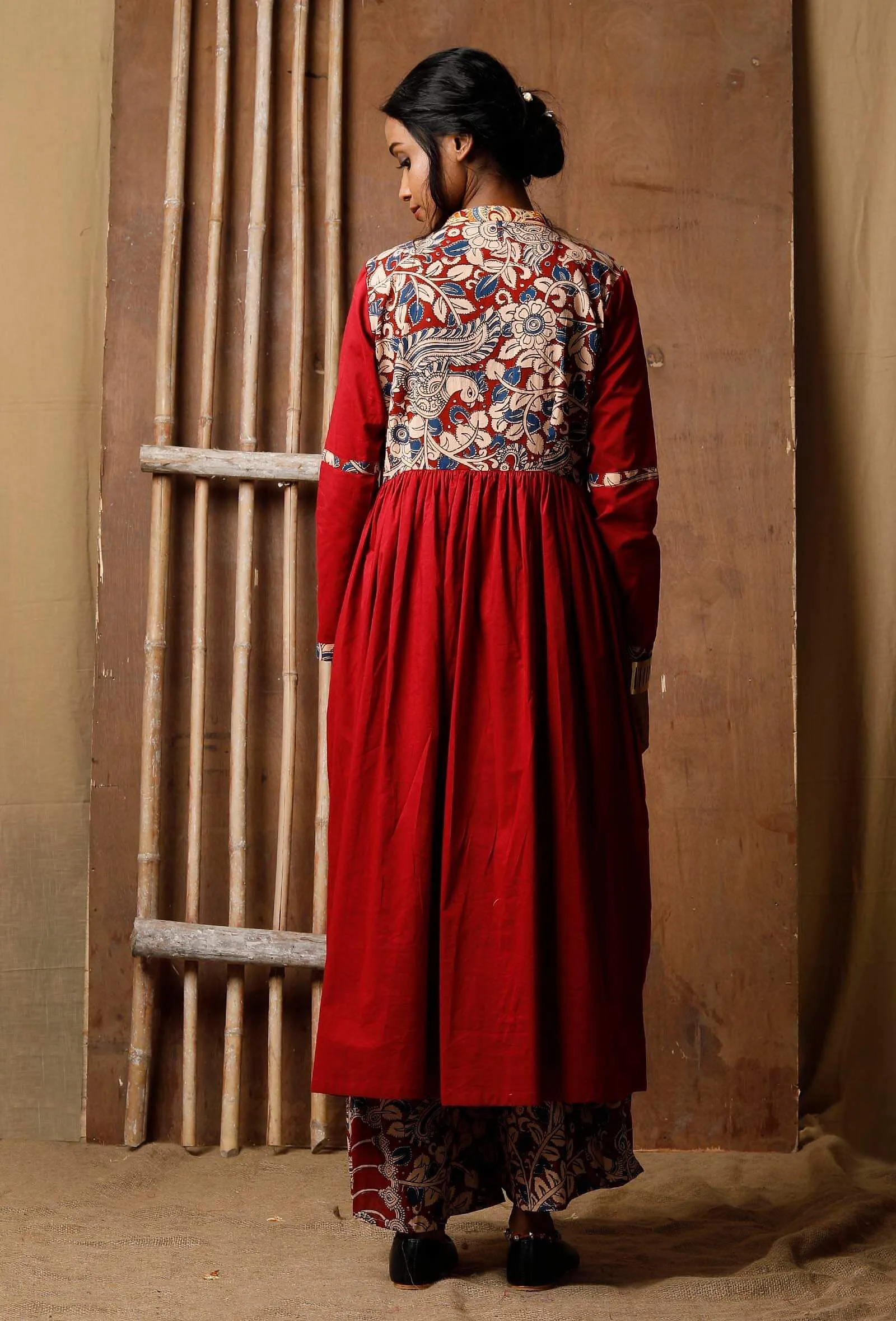 Red Kalamkari Printed Kurta With Coin Detail