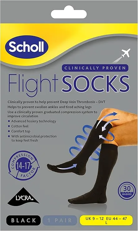 Scholl Black Cotton Feel Flight Socks Pair Large Size 9-12