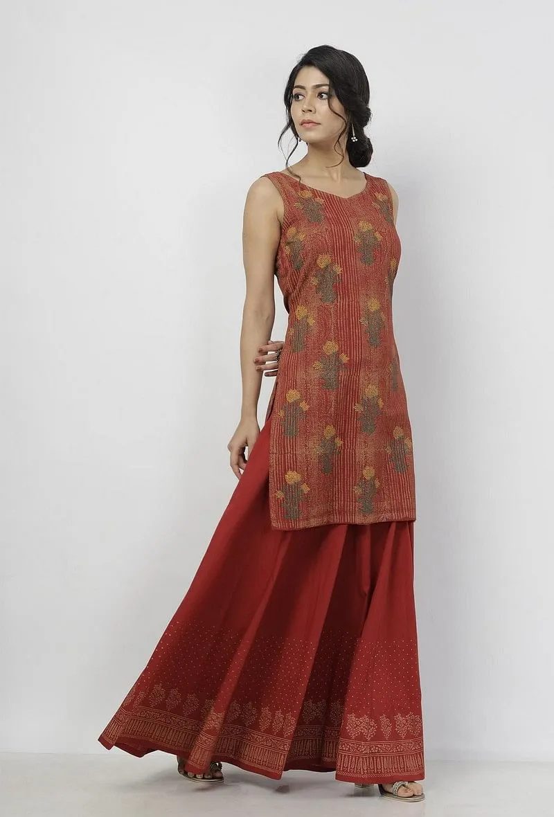 Set of 2: Gerua Maroon Floral Hand-Block Printed Sleeveless Cotton Short Kurta with Printed Cotton Palazzo