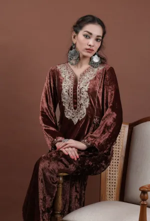 Set Of 2: Saima Rust Velvet Tilla Embroidered Phiran & Pants