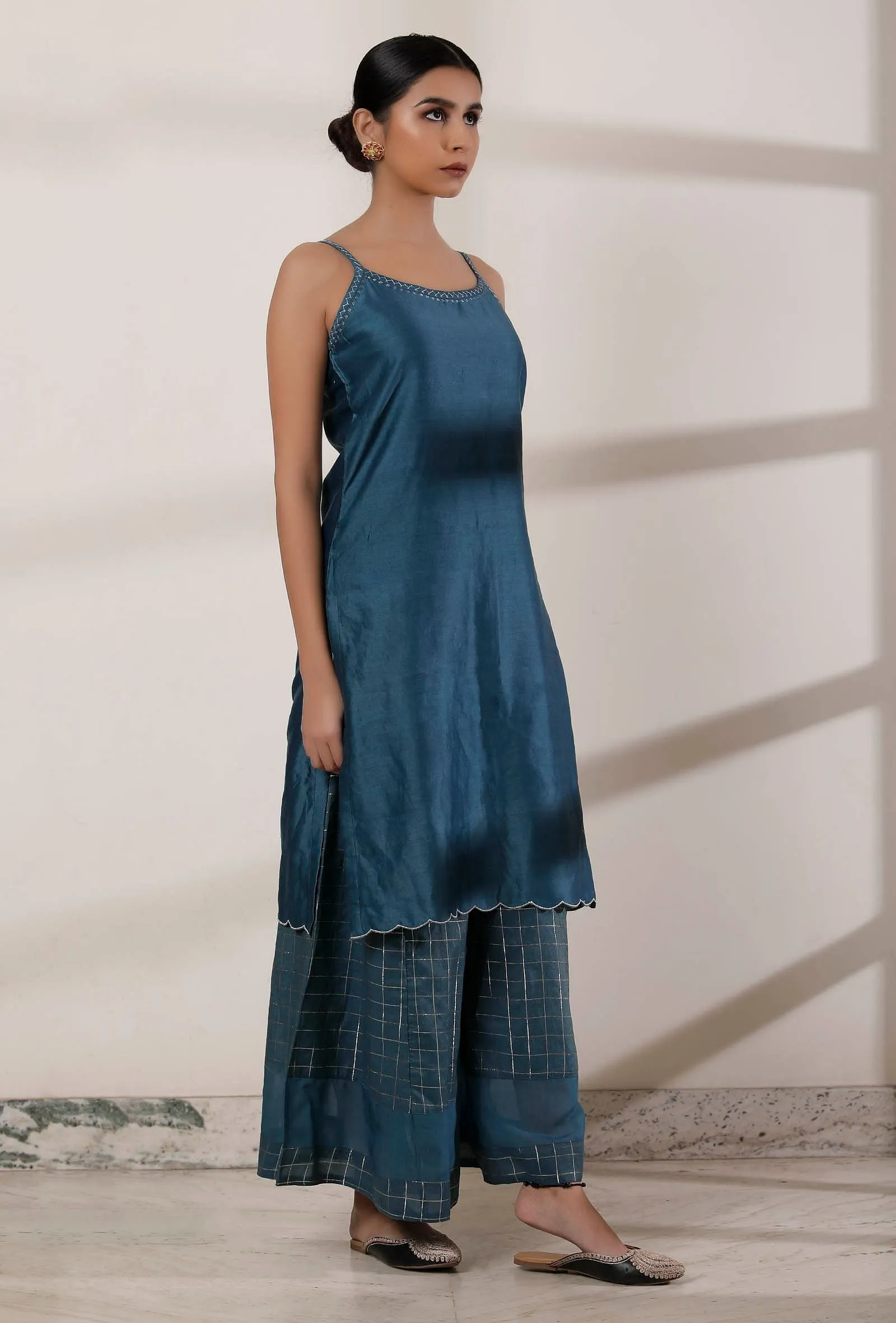 Set of 2: Teal Blue Slip and Chanderi Palazzo