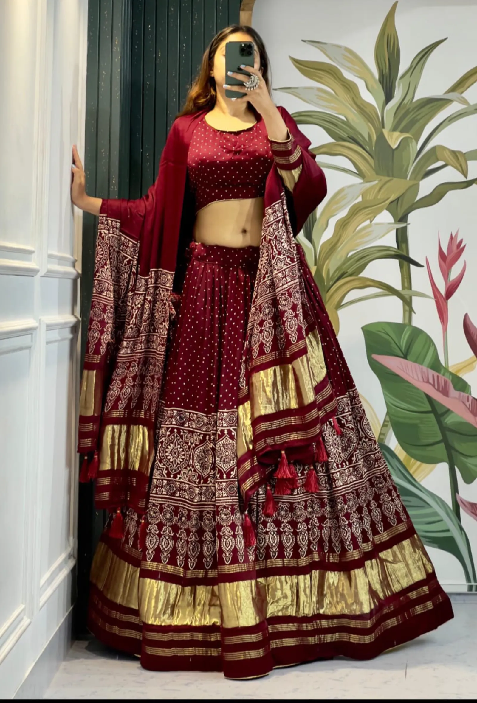 Elegantly Crafted Set of 3 Red Ajrakh Printed Lehenga Ensemble