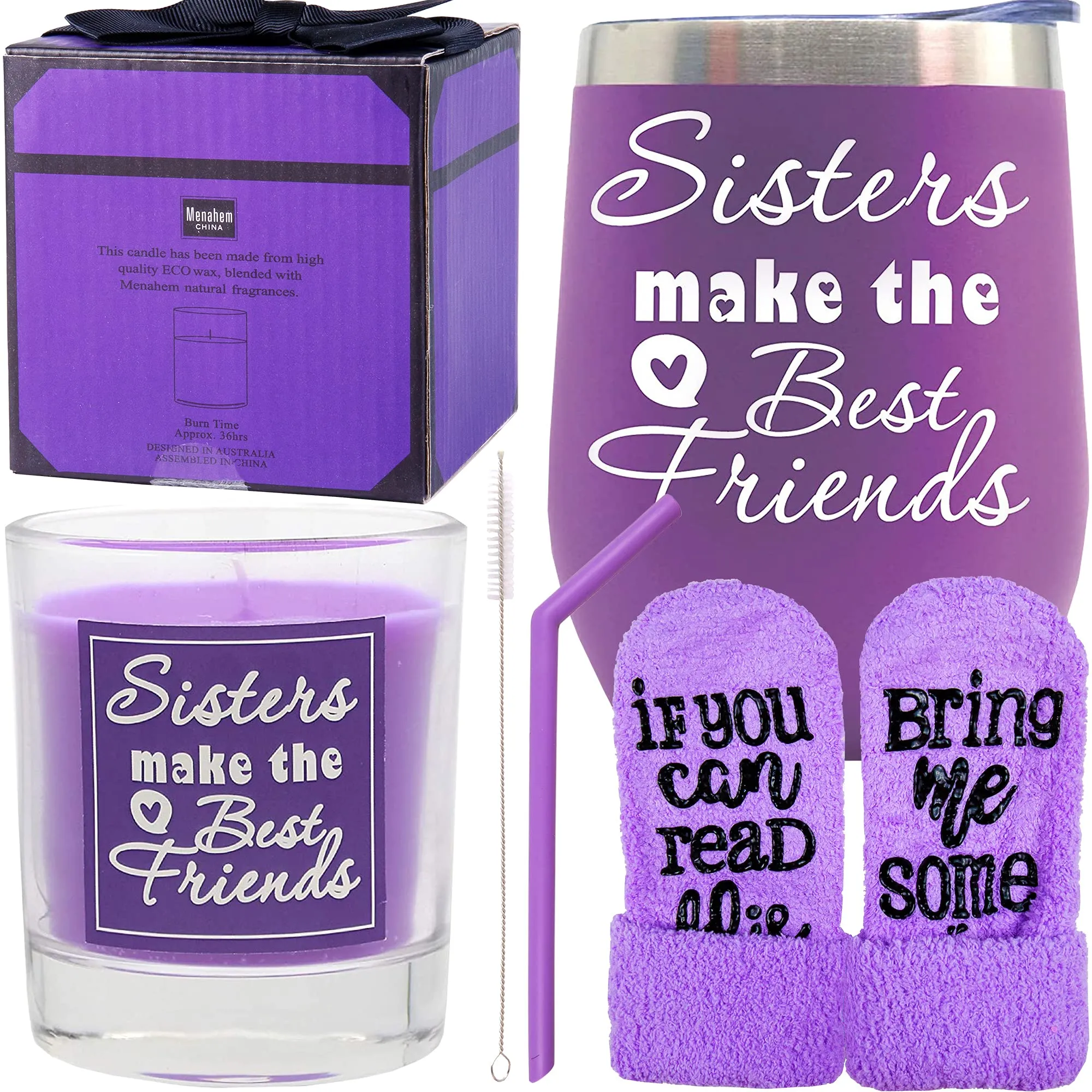 Sister Birthday Gifts - Purple Tumbler, Socks, Candle Gift Set - Women