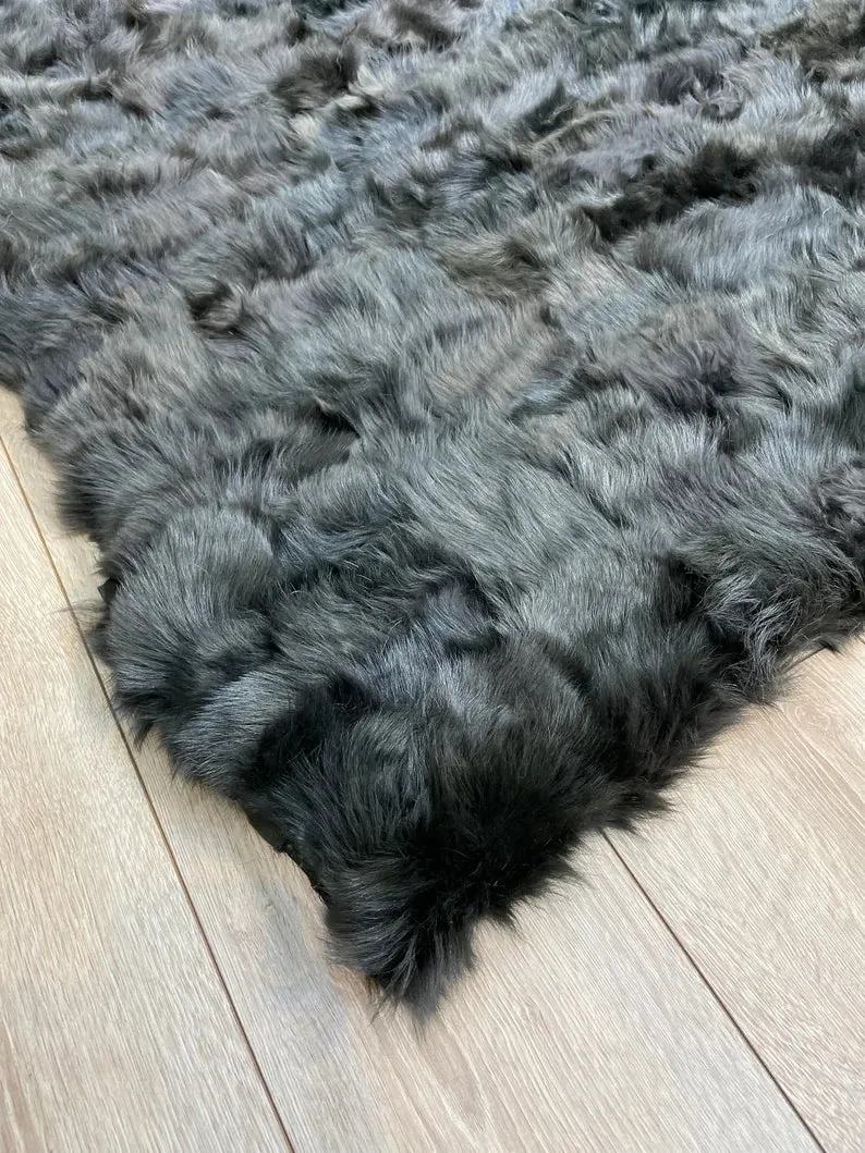 Ultra Soft Shaggy Black Sheepskin Area Rug, Handmade Natural Leather Rug