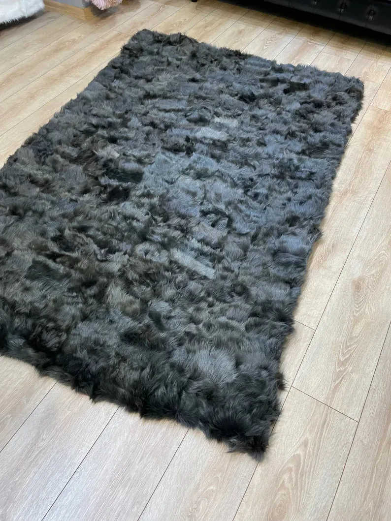 Ultra Soft Shaggy Black Sheepskin Area Rug, Handmade Natural Leather Rug