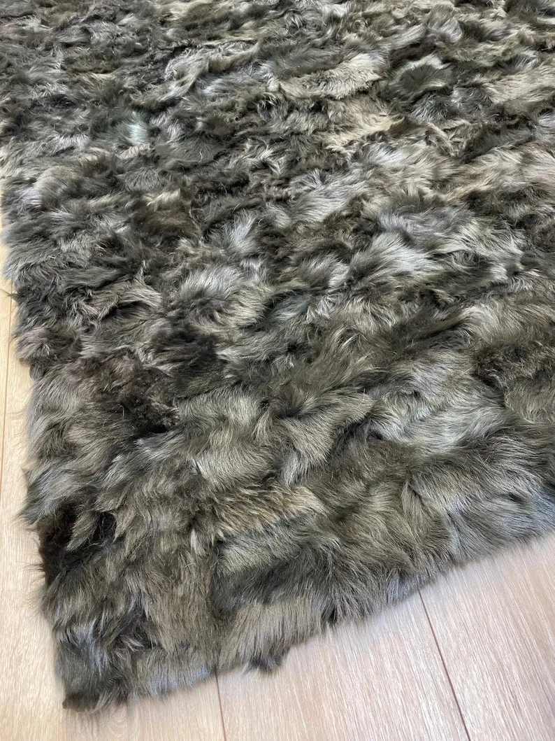 Ultra Soft Shaggy Black Sheepskin Area Rug, Handmade Natural Leather Rug