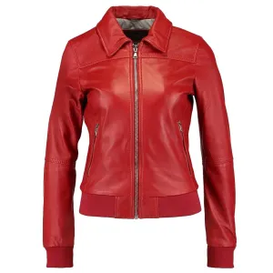 Women Red Bomber Slim Fit Leather Jacket