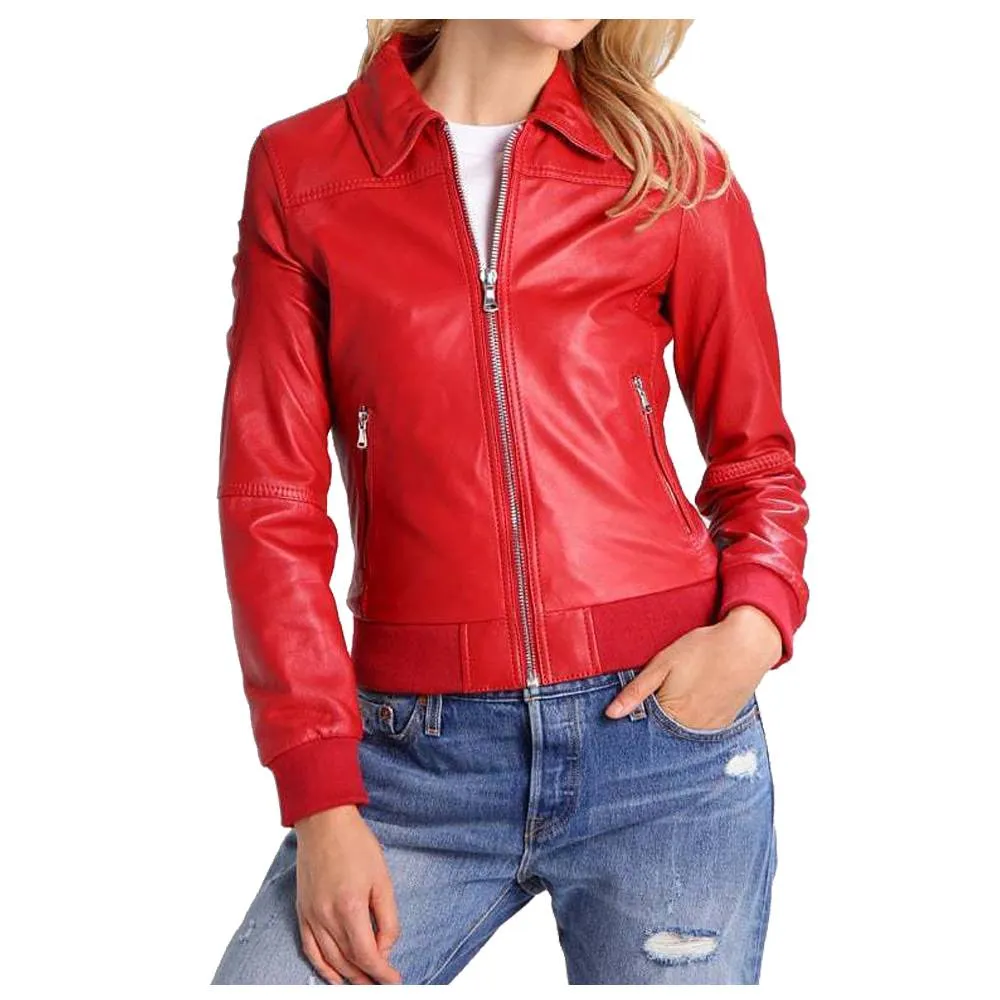 Women Red Bomber Slim Fit Leather Jacket