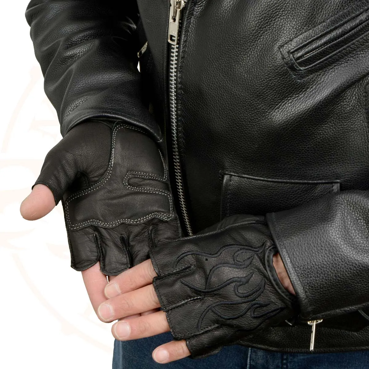 Xelement XG198 Men's Embroidered 'Flamed' Fingerless Black Motorcycle